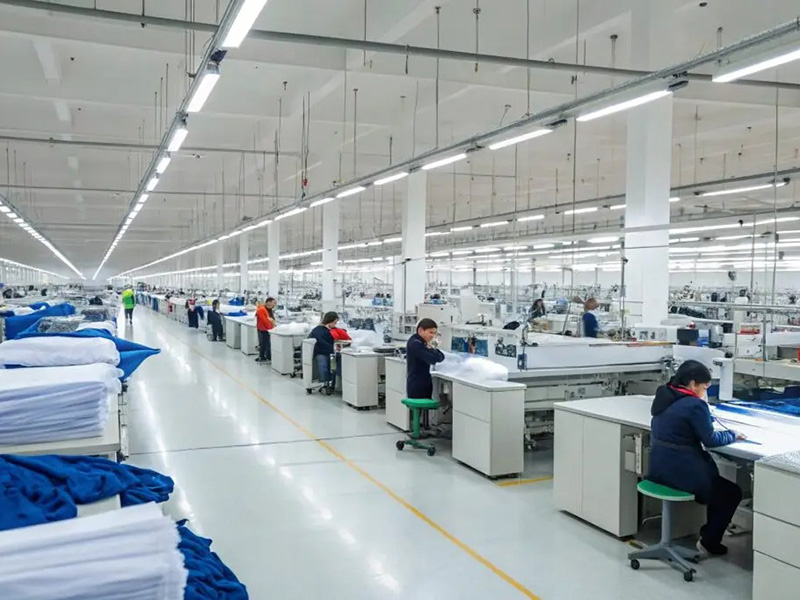 A spacious textile factory with rows of workers seated at individual workstations. Each worker is handling fabric on long tables under bright overhead lighting.
