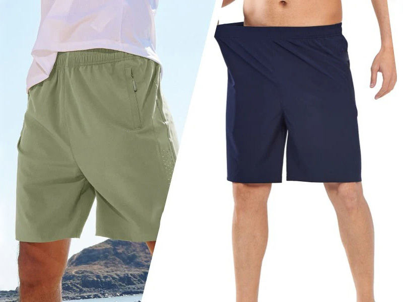 A side-by-side view of two men wearing lightweight athletic shorts. The left pair is olive green with a zippered side pocket, worn by a man outdoors.