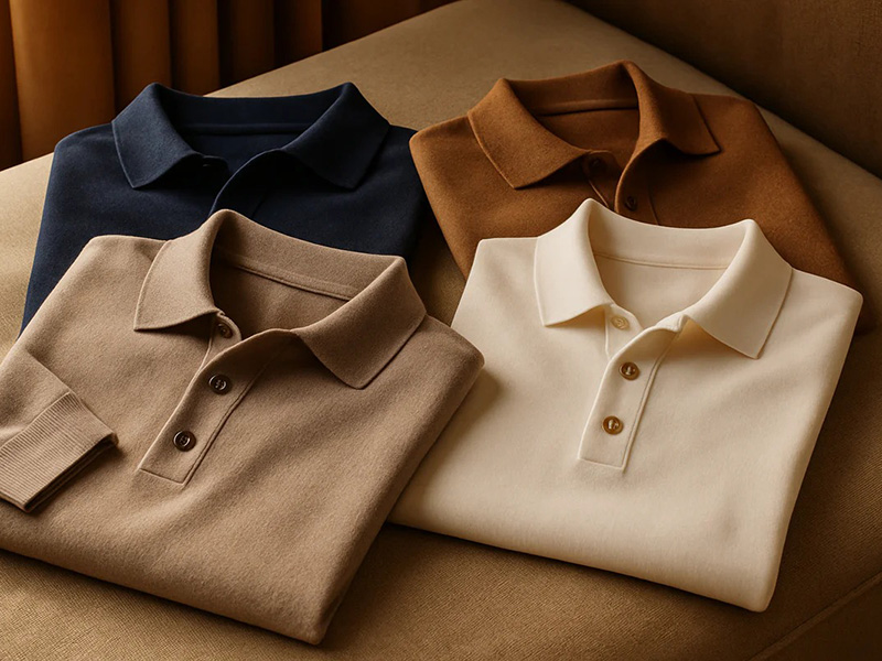 Four folded polo shirts in navy, brown, taupe, and cream neutral tones.