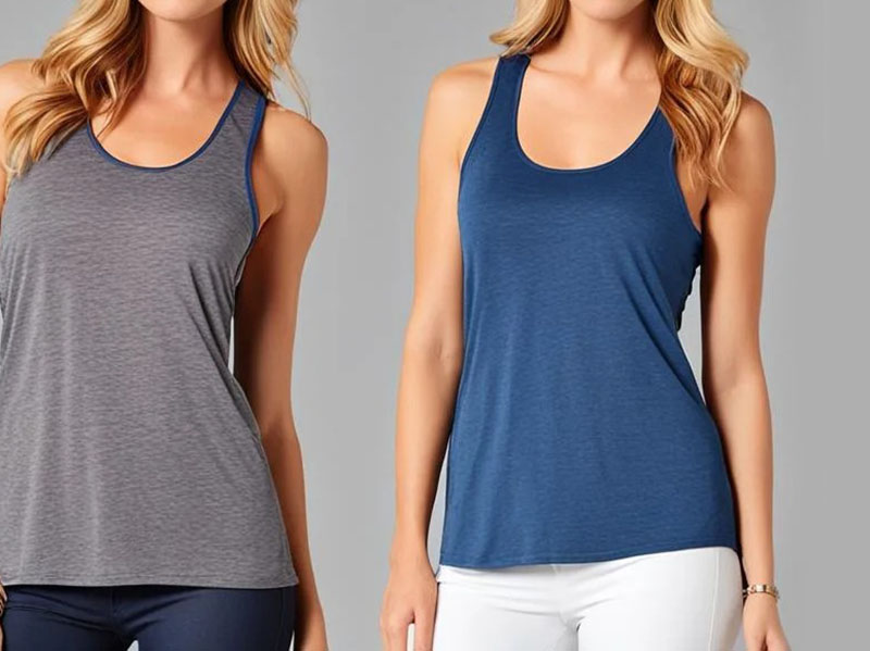 Women wearing gray and blue sleeveless tank tops with relaxed athletic fit for casual activewear and workout styling