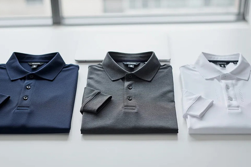 Three folded polo shirts in navy, charcoal, and white arranged on a table.