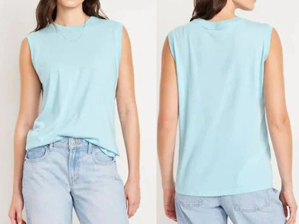 Woman wearing light blue sleeveless tank top shown from front and back views.
