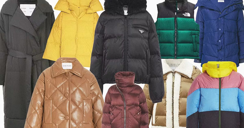 Assorted winter jackets including puffer, quilted, and color-block styles in black, yellow, green, blue, brown, maroon, and beige, displayed together.