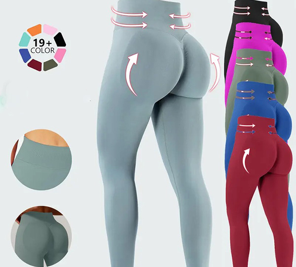 A promotional image showing a woman wearing gray high-waisted leggings with arrows indicating butt-lifting and waist-shaping effects.