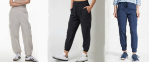 Women modeling stylish cargo jogger pants in neutral and navy athletic casualwear styles