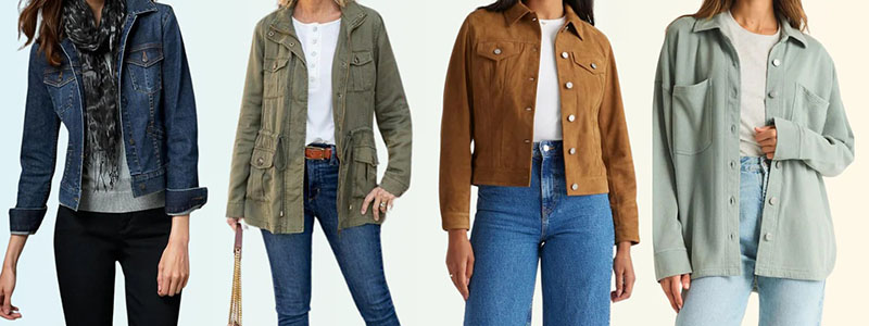Four women wearing different casual jackets: dark denim, olive green utility, brown suede, and light sage button-up, paired with jeans and casual tops.