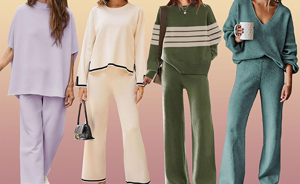 Four women wearing relaxed lounge sets in soft pastel colors—lavender, cream, olive with stripes, and muted teal—posing in a row.