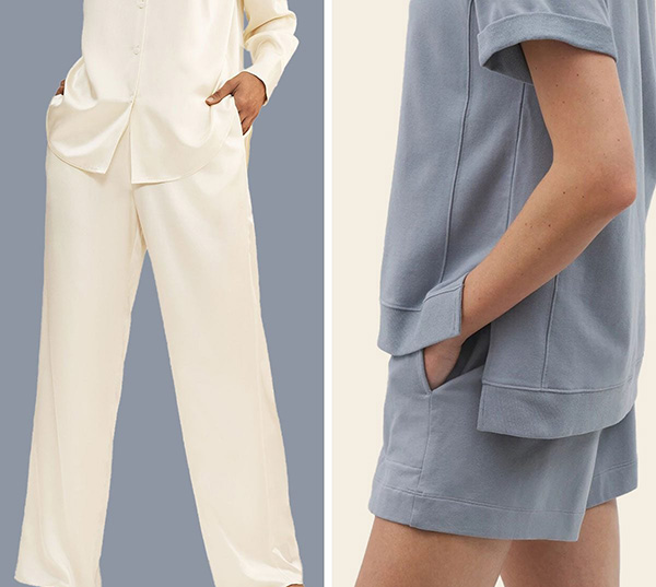 Two women wearing relaxed loungewear with pockets—one in a cream-colored long-sleeve set with wide pants, the other in a muted blue short-sleeve top and matching shorts.