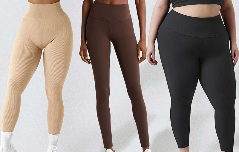 Three women wearing high-waisted ribbed leggings in beige, brown, and black. The leggings fit snugly, with a textured fabric, and the models are standing against a plain light background, showing different body shaping.