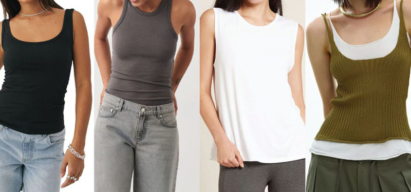 Four women modeling tank tops in black, gray, white, and olive layered styles.