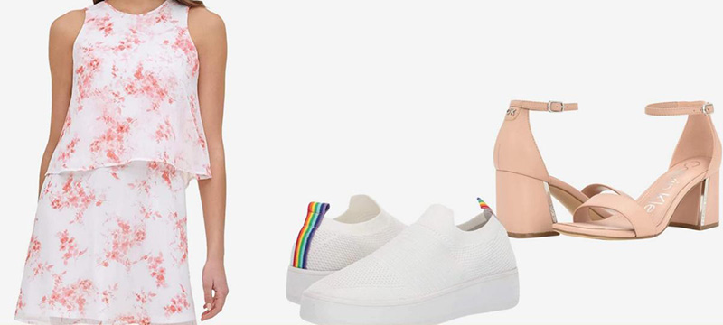 It’s styled as a mix of casual and slightly dressy, suitable for spring or summer occasions.