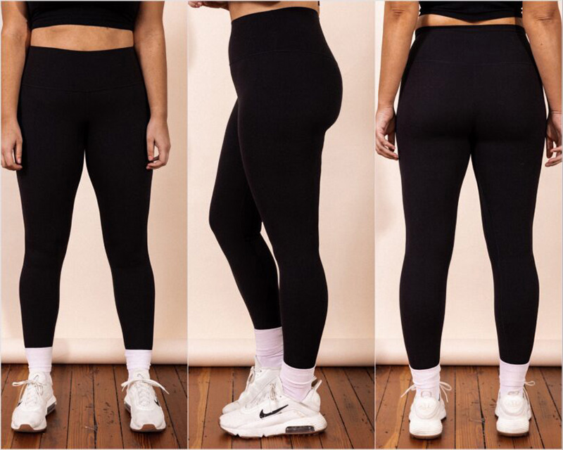 Woman wearing high-waisted black leggings shown from the front, side, and back, paired with white sneakers and pink socks.