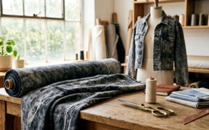 Roll of charcoal indigo acid wash denim fabric on wooden table with scissors and folded textiles.