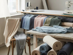 Assorted garment fabrics and clothing samples displayed in a fashion workshop, featuring sewing equipment, fabric rolls, and apparel development materials.
