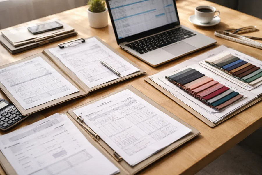 Fashion tech packs fabric swatches and laptop on desk workspace