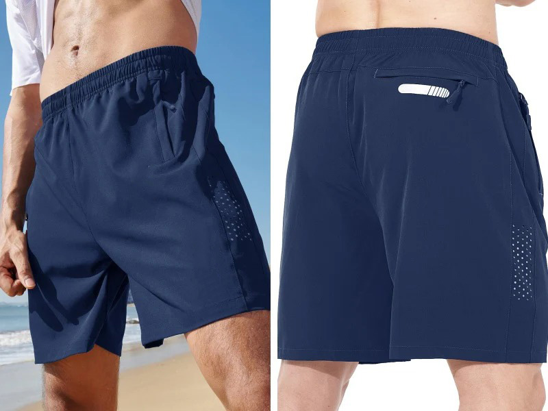 Front and back views of men's light gray elastic waist athletic shorts with pockets and breathable fabric.