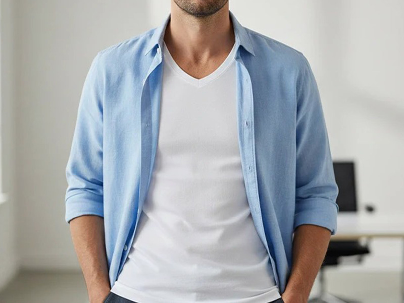Man wearing light blue button-up shirt layered over white V-neck T-shirt in casual indoor setting.