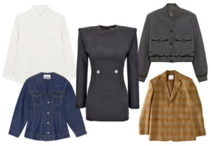 Five stylish jackets including denim, black, gray, plaid, and white laid out flat.