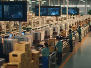 Modern automated production line with workers, conveyor systems, and digital monitoring screens inside advanced manufacturing facility environment