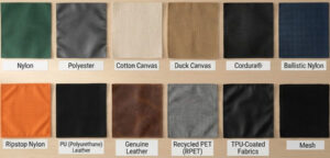 Fabric material samples including nylon, polyester, canvas, leather, mesh, and recycled textiles, comparing durability and performance for backpack manufacturing.