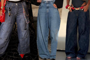 Three women wearing oversized baggy denim jeans in different wide-leg streetwear styles with relaxed fit and trendy casual fashion look