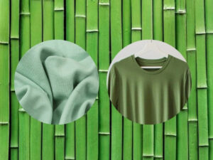 Stack of soft bamboo fabric in orange, brown, and green shades for eco-friendly clothing.