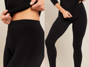 Woman wearing high-waist black leggings made from bamboo and spandex blend for comfort.