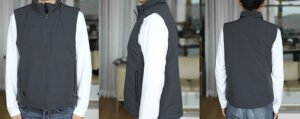 Man wearing a sleeveless black vest shown from front, side, and back views against indoor background.