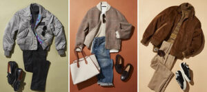 Three stylish bomber jacket outfits featuring casual and smart-casual layering combinations with jeans, trousers, sneakers, and accessories for versatile everyday fashion.