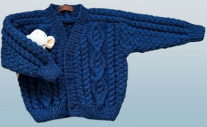 Blue cable knit cardigan sweater featuring textured patterns and button-front design.