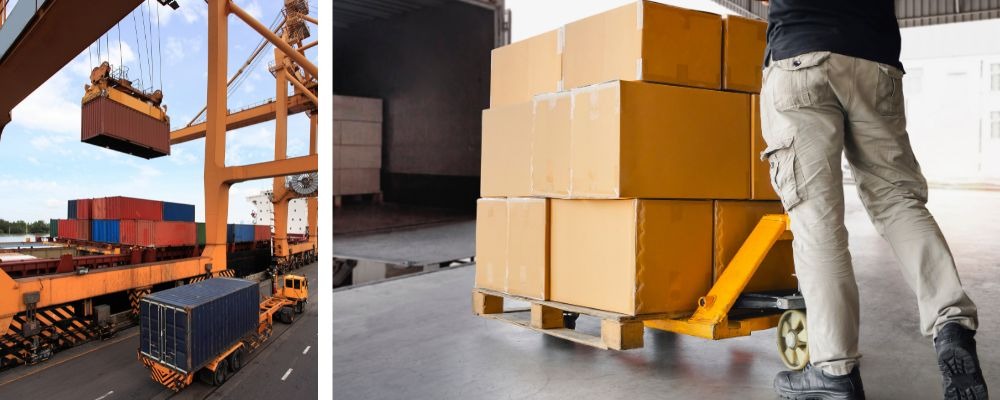 Container crane loading ship and warehouse pallet handling logistics operations