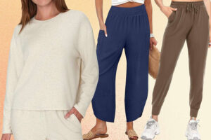 Three women’s loungewear outfits including a cream sweatshirt, navy wide-leg pants, and brown joggers with elastic waist and sneakers.