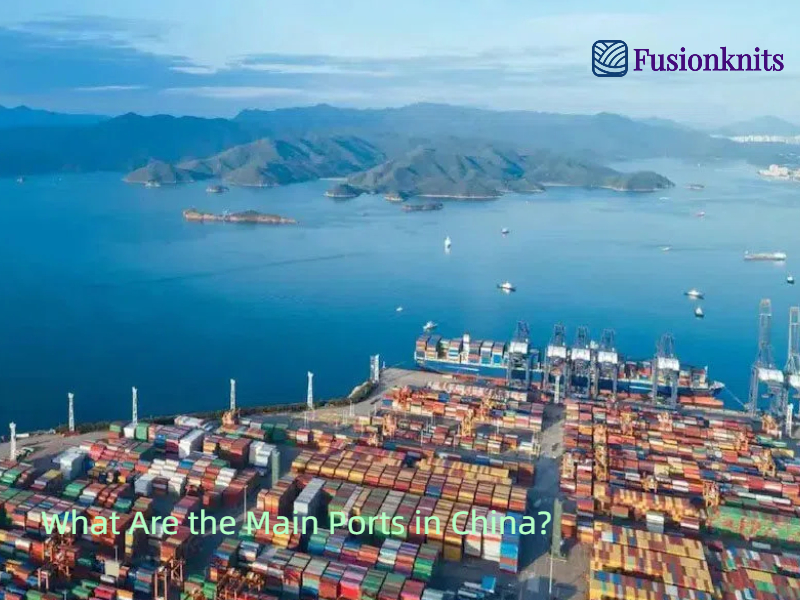 Aerial view of container port with cargo ships and stacked containers showing main ports in China.