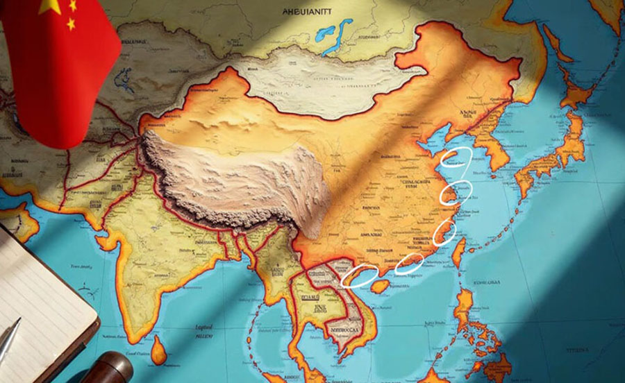 Map of China highlighting major coastal ports and trade routes