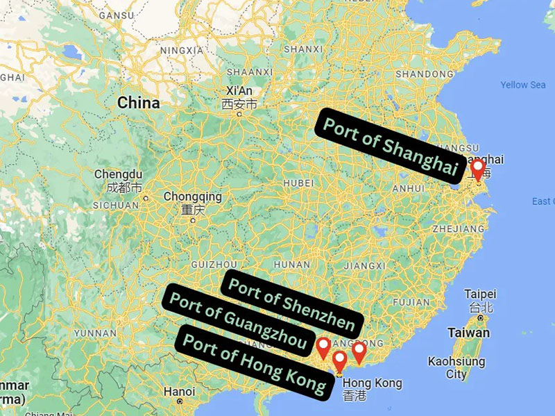 Map showing major Chinese seaports including Shanghai, Shenzhen, Guangzhou, and Hong Kong along coastline.