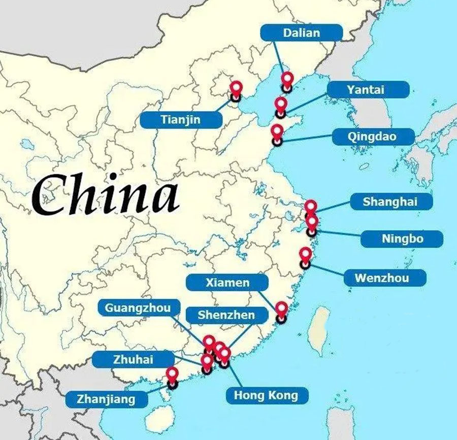 Map of China showing major seaports along eastern coastline.