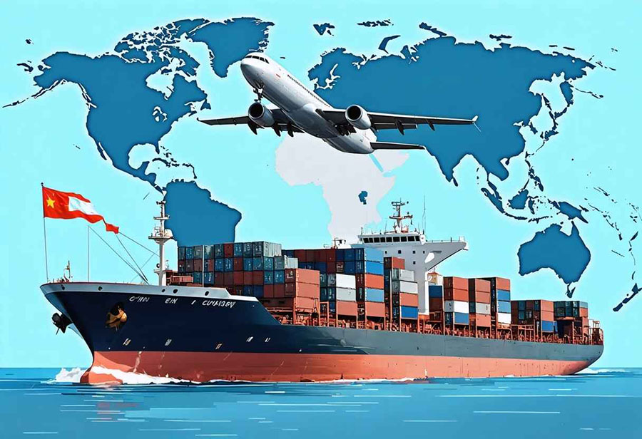 Cargo ship and airplane showing international shipping route between China and Iran over world map.