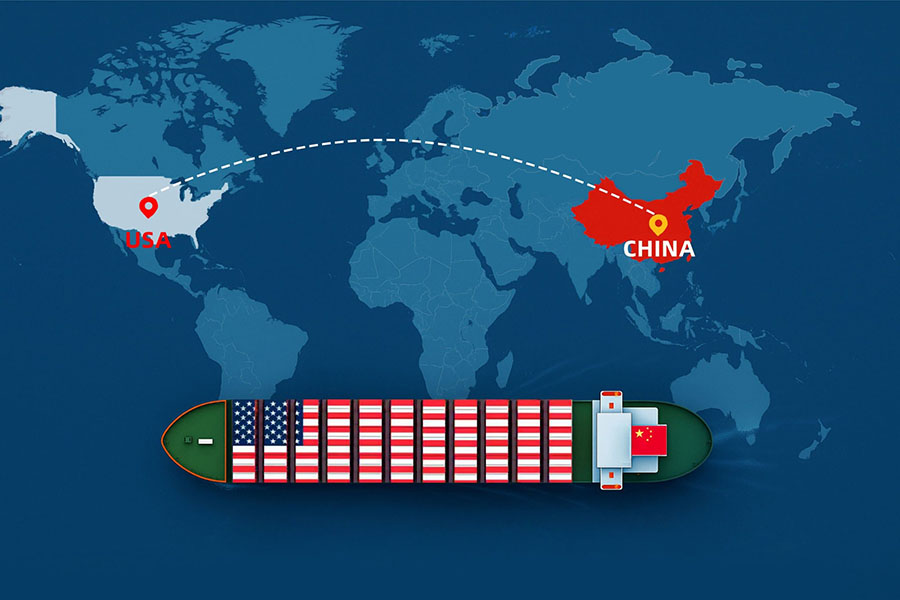 Container ship route showing cargo shipping from China to USA across Pacific Ocean.
