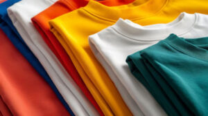 Folded colorful cotton t-shirts in various bright, vibrant shades.