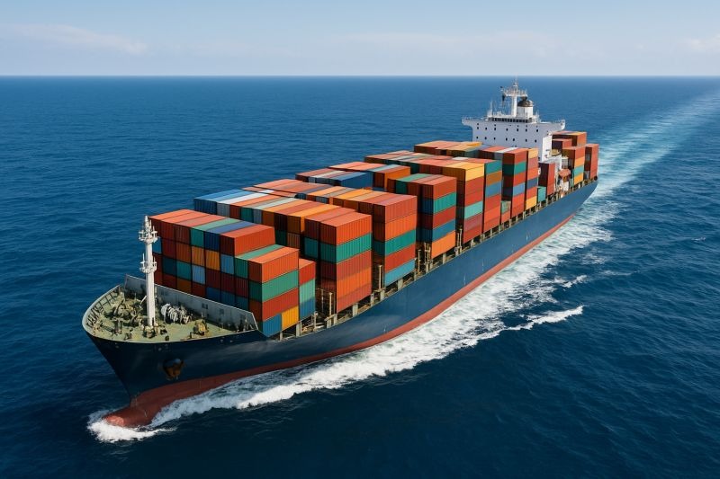 Large container cargo ship sailing in ocean carrying stacked containers