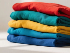Stack of neatly folded cotton and polyester blend fabrics in red, teal, yellow, turquoise, and blue on a white surface.