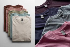 Folded crew neck T-shirts in assorted colors, comparing cotton and blended fabric options for comfort, durability, and everyday casual wear.