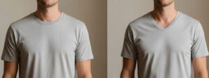 Side-by-side comparison of a man wearing a light gray crew neck T-shirt and a light gray V-neck T-shirt, highlighting differences in neckline styles and casual fit.