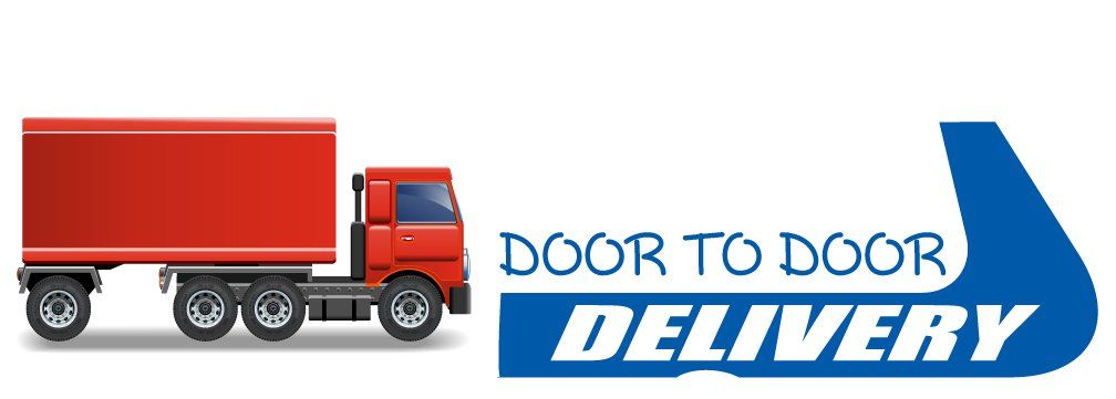 Red cargo truck representing door-to-door delivery logistics and international shipping service concept.