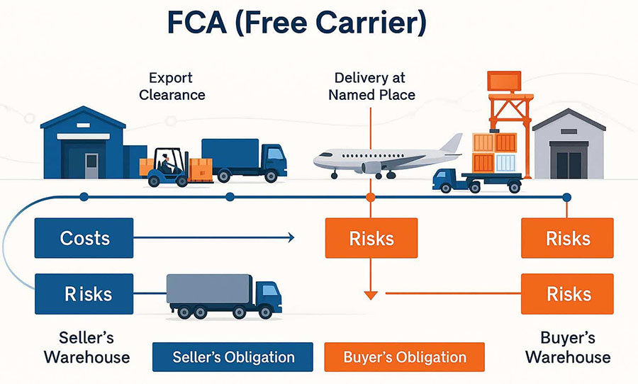 FCA Free Carrier incoterms diagram showing cost and risk transfer in shipping logistics.