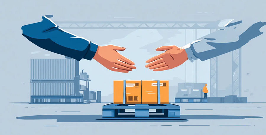 Hands exchanging package showing FCA logistics risk transfer concept illustration