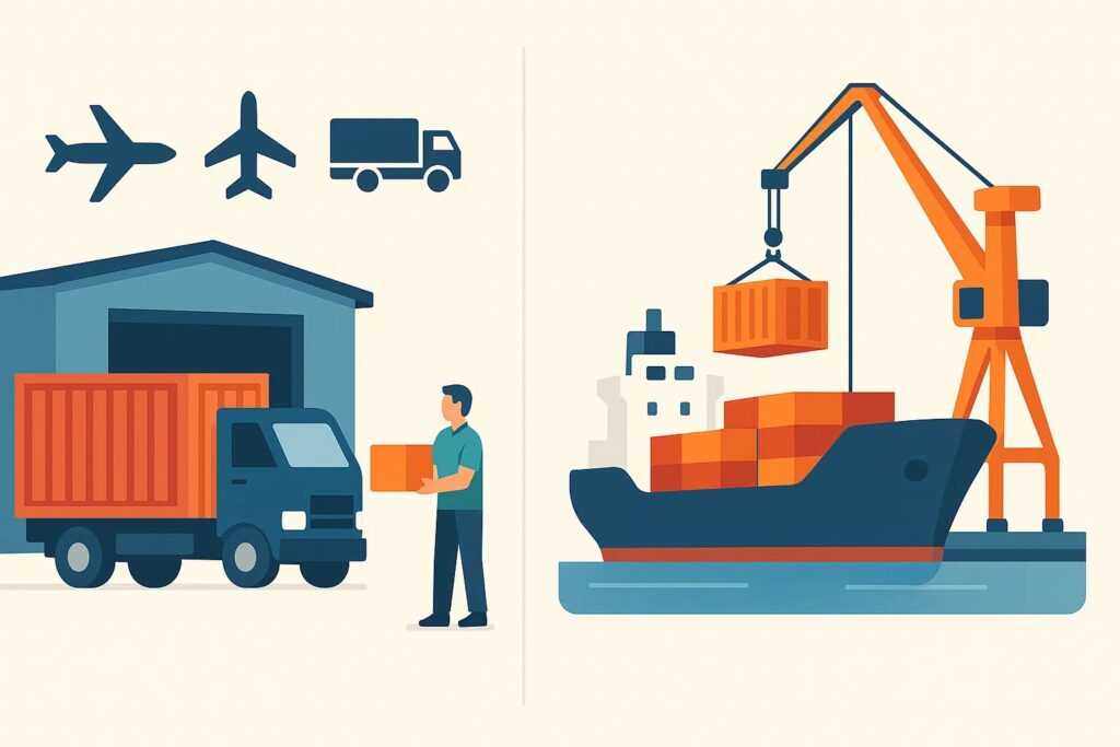 Split illustration comparing FCA and FOB incoterms showing seller handling export logistics and buyer taking responsibility at shipment with transport and port operations.