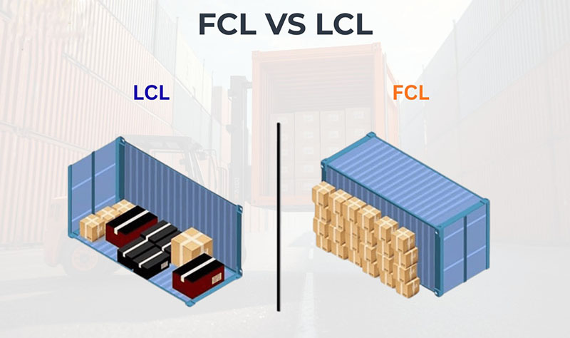 Illustration comparing FCL and LCL shipping container loading methods in logistics.