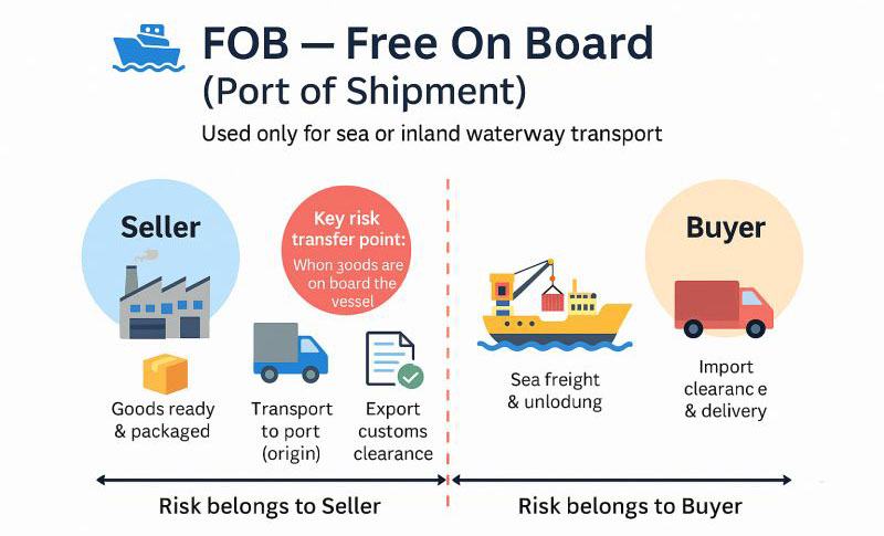 FOB Incoterms 2020 infographic showing seller and buyer responsibilities, risk transfer at vessel loading point, and shipping process from origin port to import delivery.