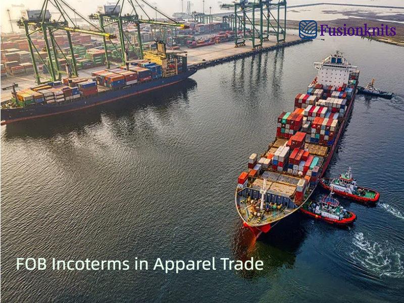 Container ship at port illustrating FOB incoterms in apparel trade logistics and shipping process.